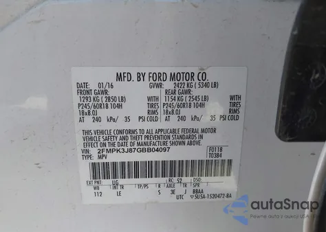 2016 Ford Edge Sel z USA, uszkodzony, nr VIN 2FMPK3J87GBB04097